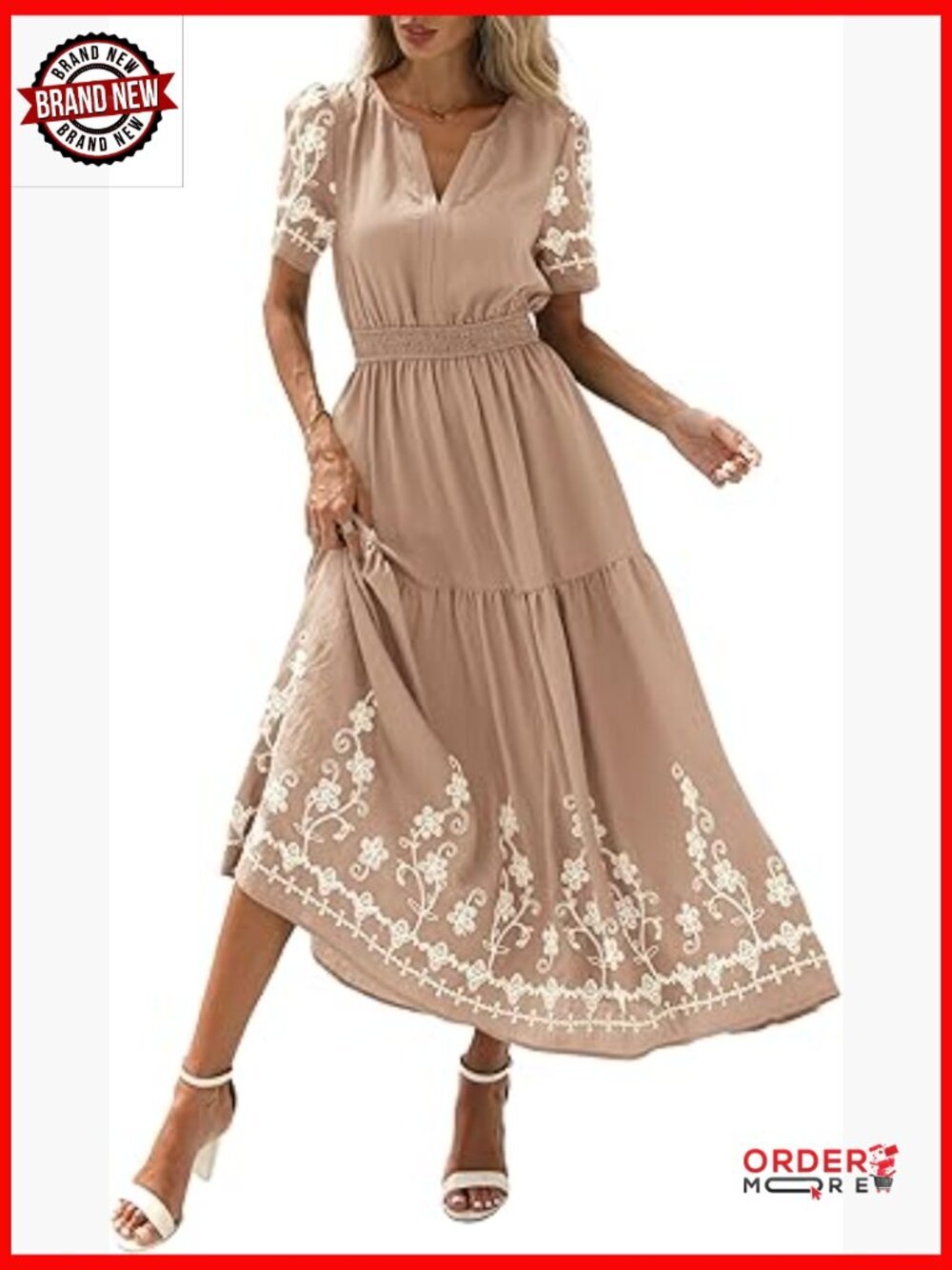 Boho Floral Maxi Dress V-Neck Short Sleeve A-Line Tiered Beach Wedding